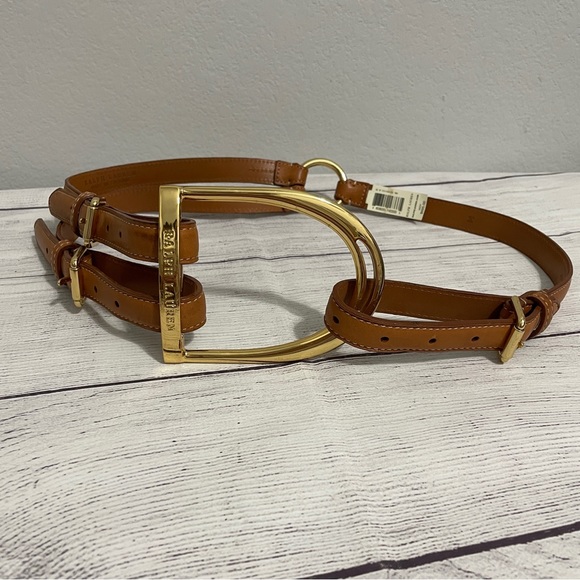 Ralph Lauren Stirrup Belt Equestrian Riding Leather Gold Brown Double Womens - Picture 13 of 14